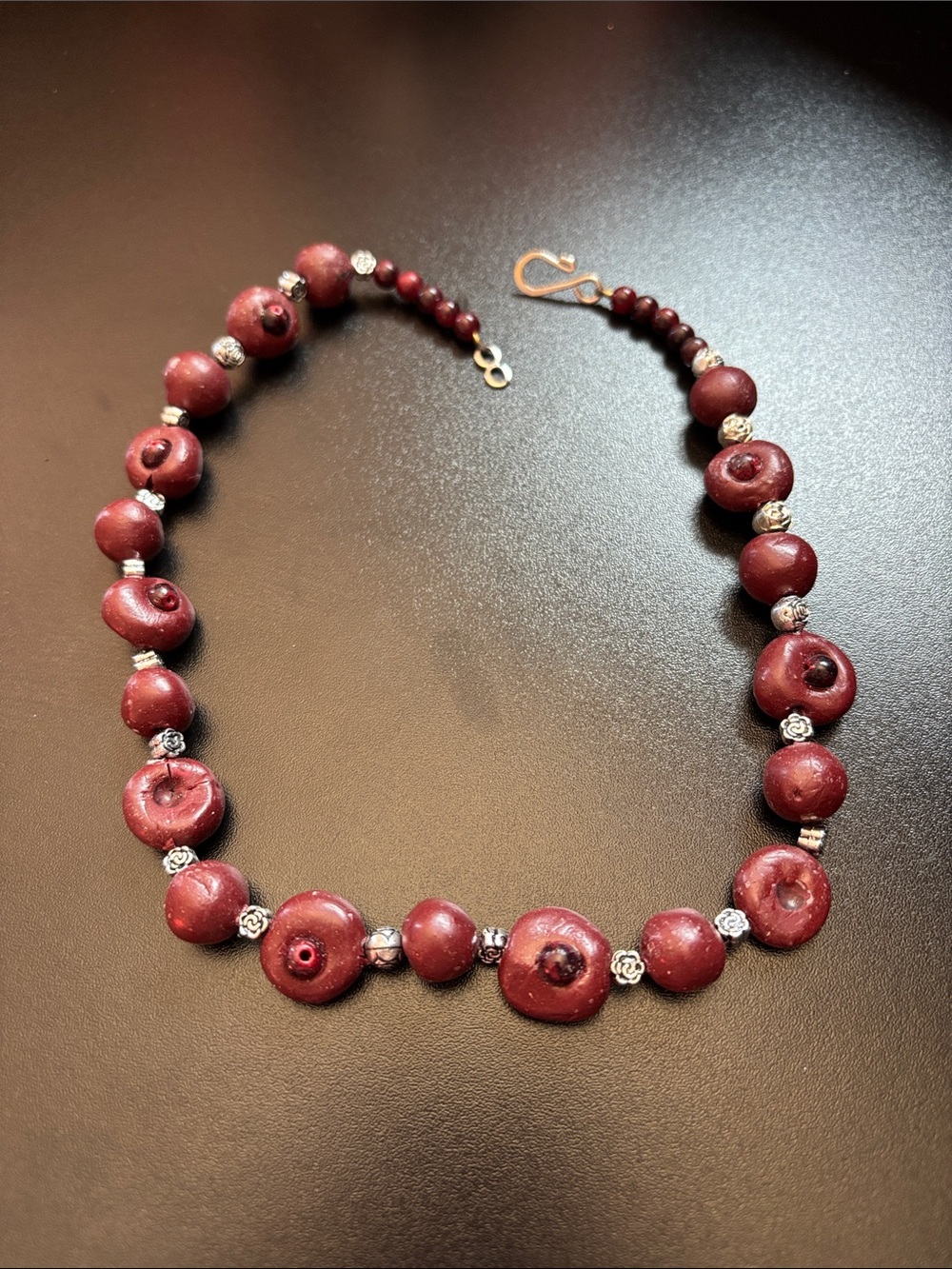 Deep Burgundy Beaded Necklace with Silver Accents - Women's Jewelry